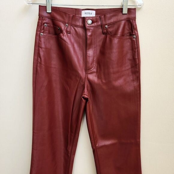 Pistola Pants Womens 26 Dark Red Vegan Leather Straight Crop Holiday Edgy Grunge - Picture 2 of 16